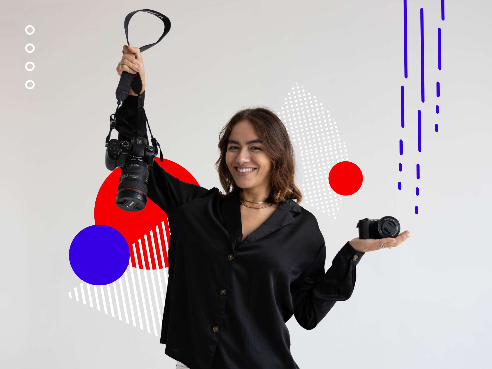 Image of a woman holding a camera in one hand and a camera lens in another to illustrate an article about the ultimate YouTuber checklist