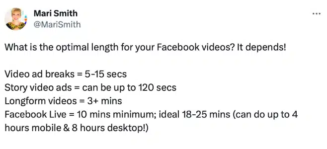 @MariSmith tweet on optimal length for Facebook videos