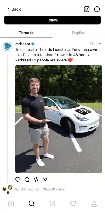 @mrbeast's giveaway of a Threads customized Tesla to "celebrate Threads launching."