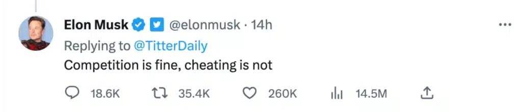 @elonmusk's tweet, "Competition is fine, cheating is not."