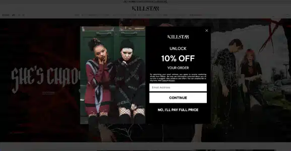 Killstar Squeeze Page Example (10% off offer)