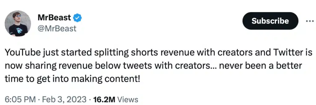 @MrBeast tweet about how YouTube and Twitter have started splitting revenue with creators.