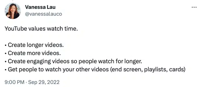@vanessalauco tweet about how YouTube values watch time.